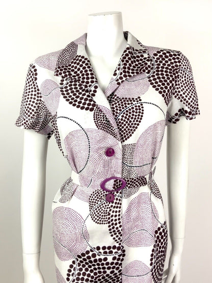 VINTAGE 60s 70s WHITE PURPLE BROWN DOTTY GEOMETRIC CIRCLE BELTED SHIRT DRESS 12