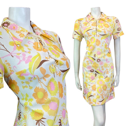 VINTAGE 60s WHITE YELLOW PINK DAISY FLORAL LACE-UP DAGGER SHIRT DRESS 12 14