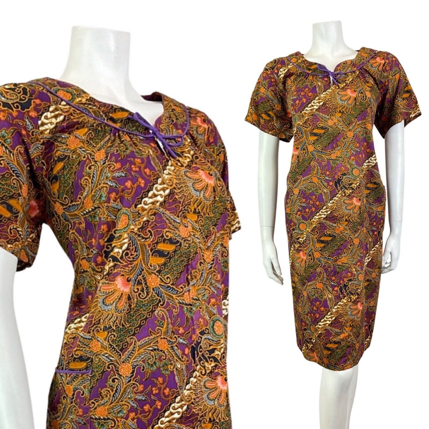 VINTAGE 60s 70s PURPLE GREEN GOLD PSYCHEDELIC FLORAL PAISLEY TENT DRESS 12 14