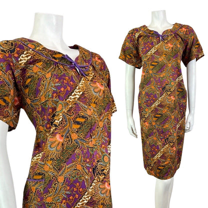 VINTAGE 60s 70s PURPLE GREEN GOLD PSYCHEDELIC FLORAL PAISLEY TENT DRESS 12 14