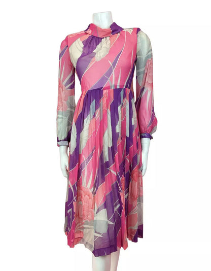 VINTAGE 60s 70s PINK PURPLE SILVER FLORAL LEAFY SHEER PLEATED SWING SILK DRESS 8