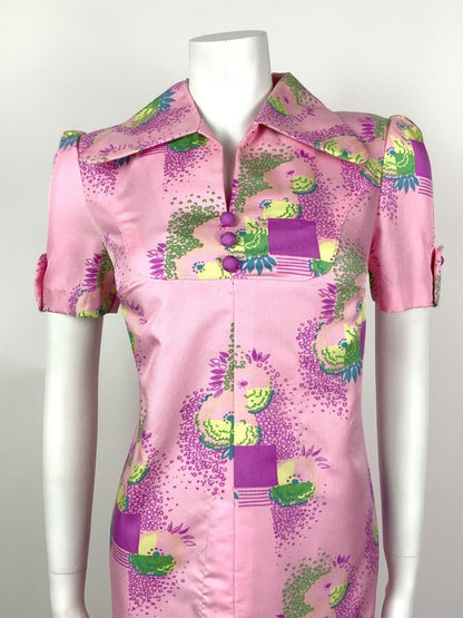 VTG 60s 70s PSYCHEDELIC PINK PURPLE BLUE GREEN SQUARE FLORAL SHIRT DRESS 12