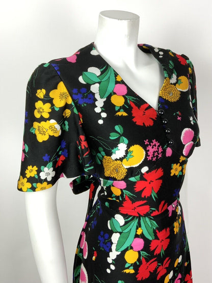 VTG 60s 70s BLACK YELLOW GREEN PINK FLORAL PSYCHEDELIC BELL SWING DRESS 12 14