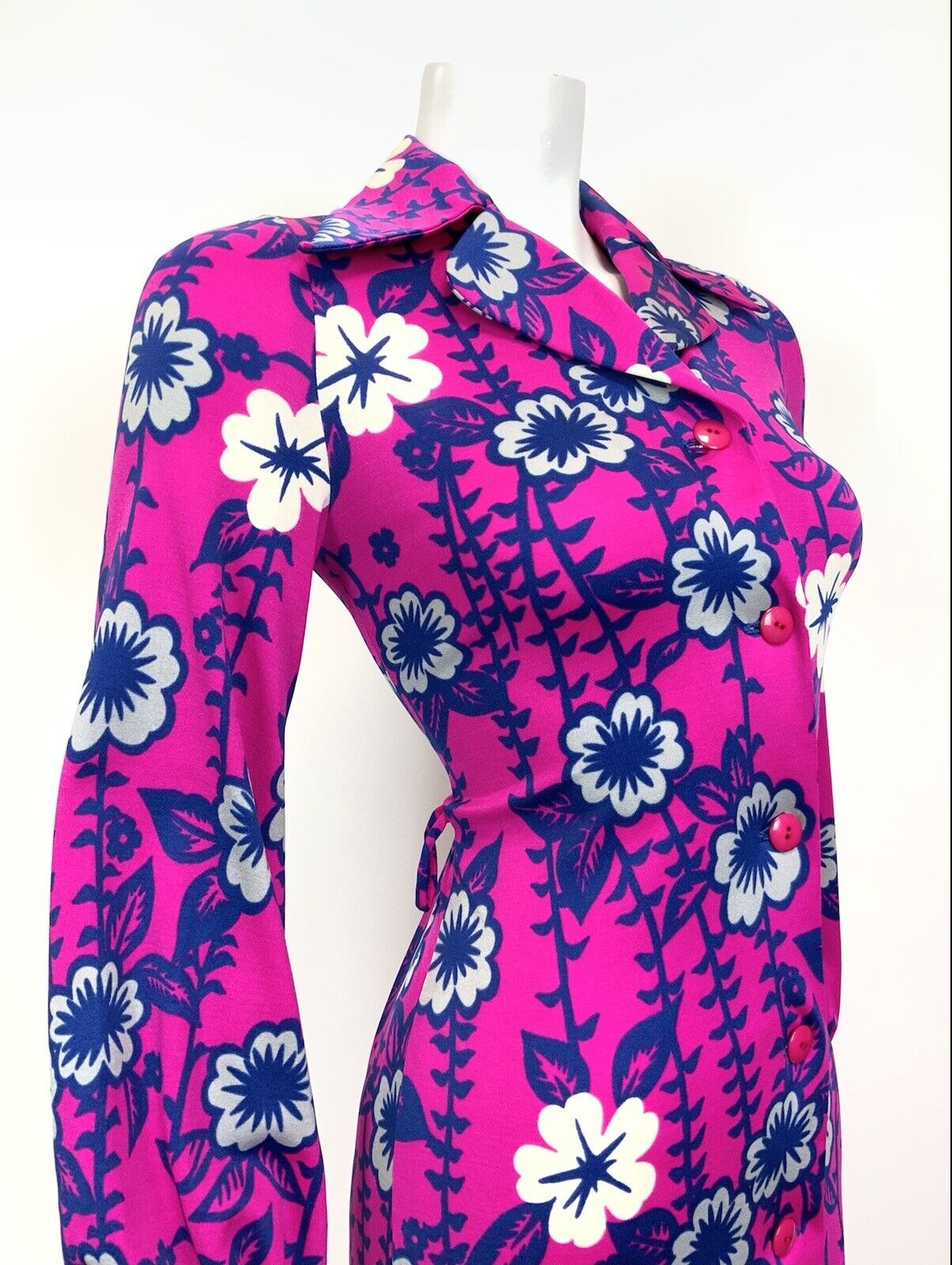 VINTAGE 70s NEON PINK BLUE WHITE PSYCHEDELIC FLORAL DAGGER SHIRT SWING DRESS 8