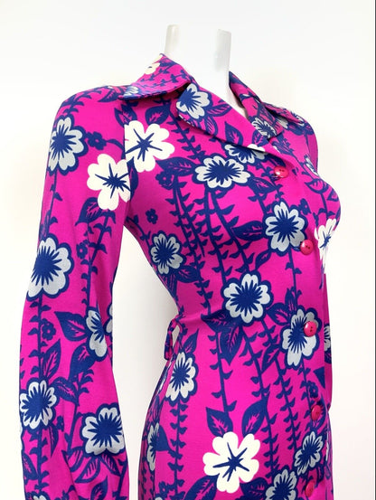 VINTAGE 70s NEON PINK BLUE WHITE PSYCHEDELIC FLORAL DAGGER SHIRT SWING DRESS 8