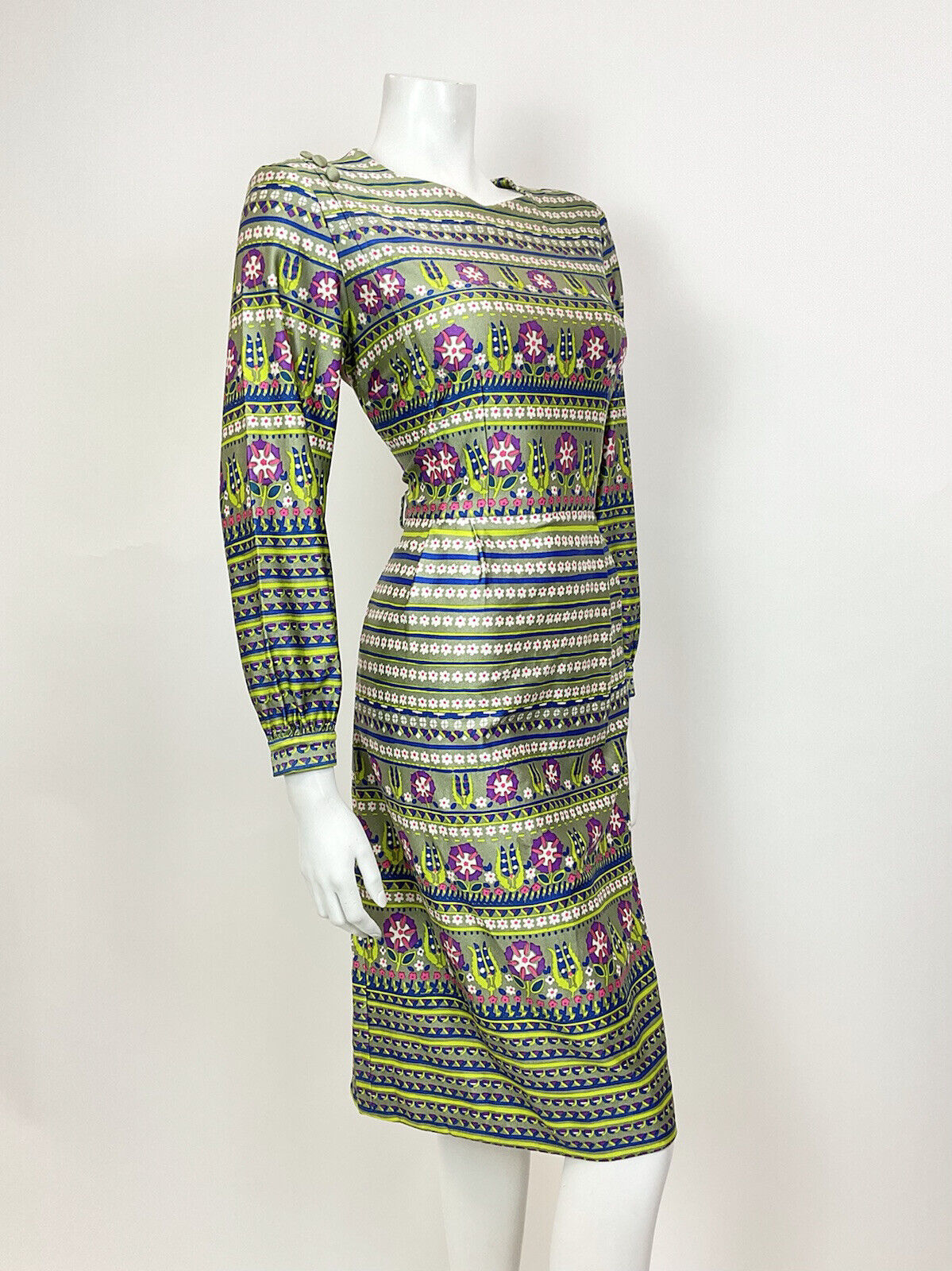VTG 60s 70s GREEN BLUE PURPLE STRIPED DAISY GEOMETRIC MOD LONGSLEEVE DRESS 12 14