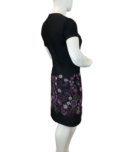 VINTAGE 60s 70s BLACK SILVER PURPLE SWIRLING FLOWER EMBROIDERED MOD DRESS 16