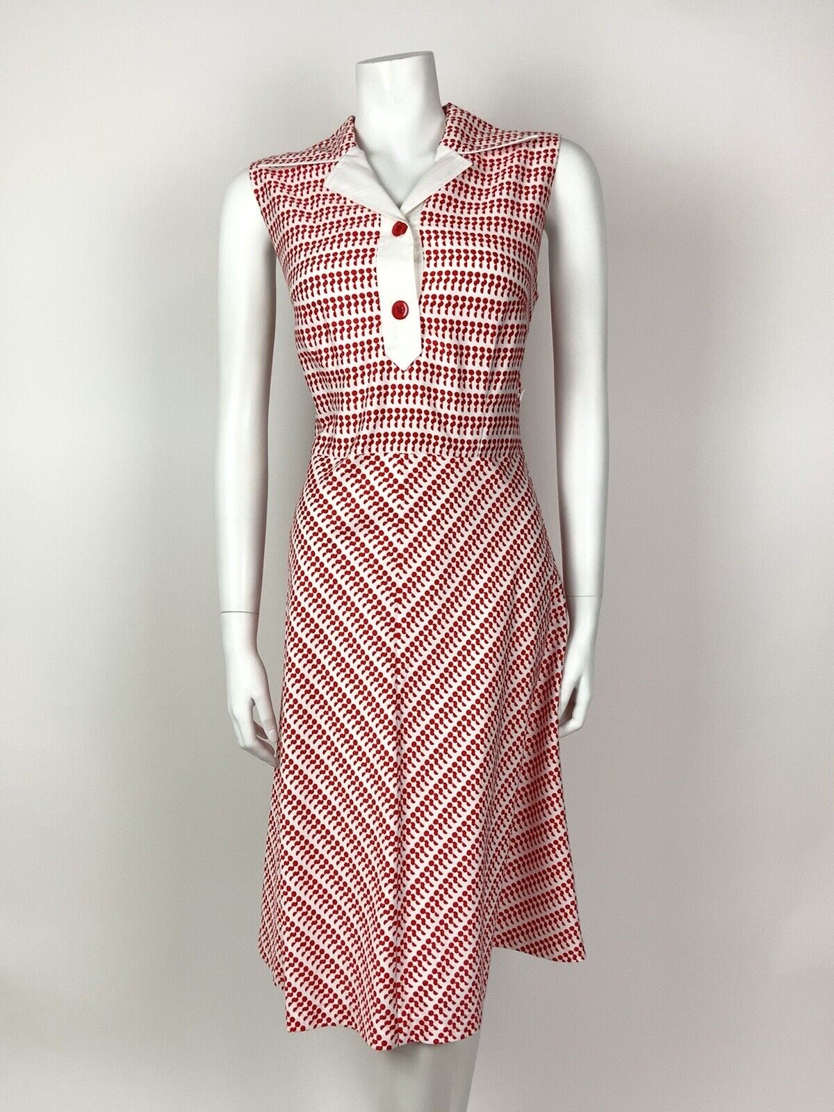 VINTAGE 60s 70s RED WHITE DOTTY GEOMETRIC SLEEVELESS SHIRT DRESS 12 14