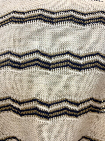 VINTAGE 60s 70s CREAM BLUE WHITE ZIG-ZAG STRIPED KNITTED DROP WAIST DRESS 14 16