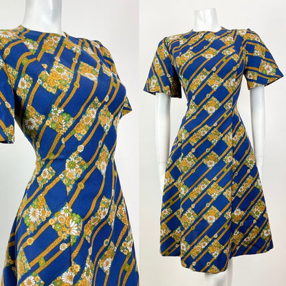 VTG 60s 70s BLUE GOLD BROWN GEOMETRIC DITSY FLORAL MOD SKATER SWING DRESS 8 10
