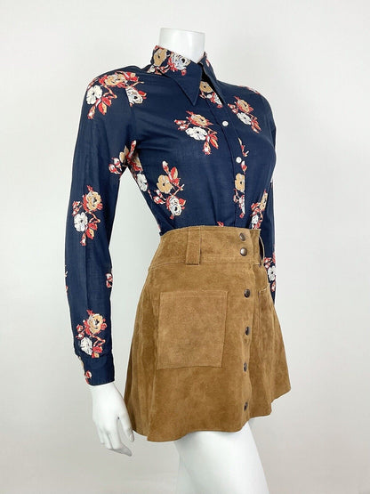 VINTAGE 60s 70s CACHAREL NAVY BLUE RED BEIGE FLORAL ROSE DAGGER SHIRT BLOUSE 10