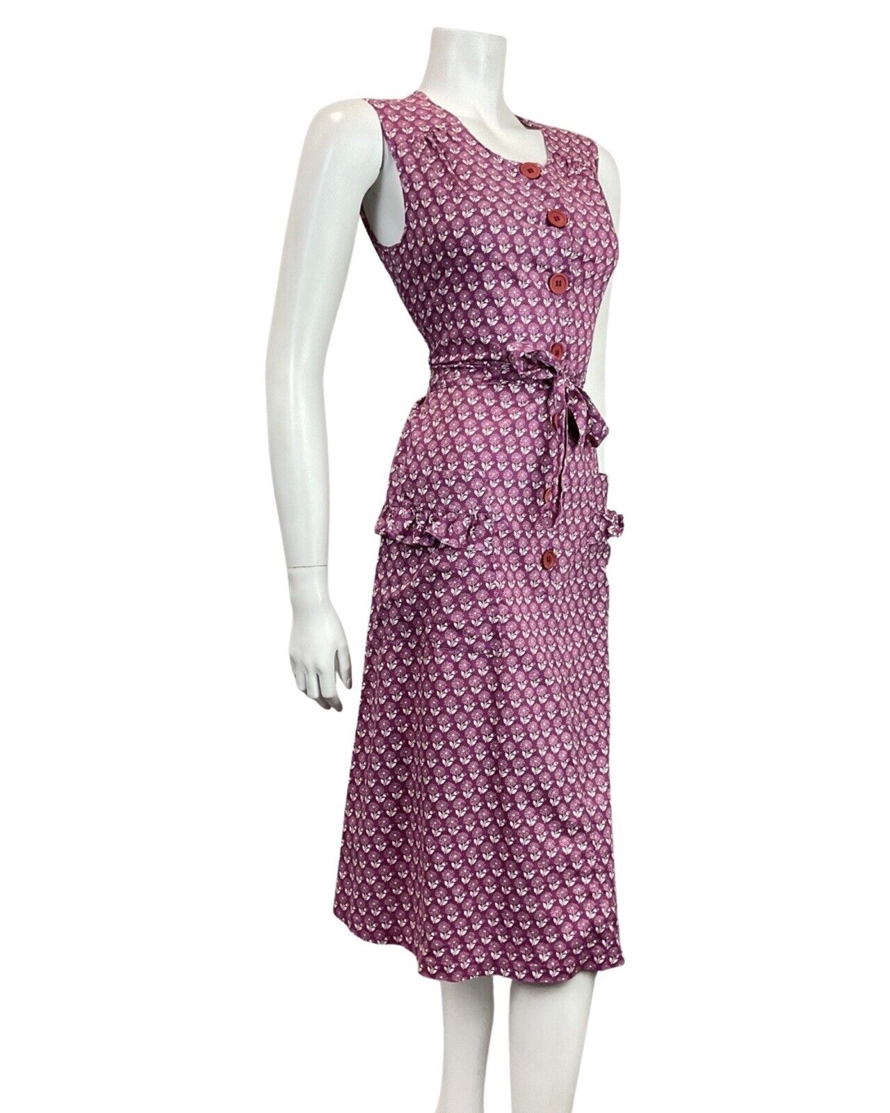 VINTAGE 60s 70s PURPLE WHITE FLORAL DANDELION BOHO SLEEVELESS MIDI DRESS 8 10