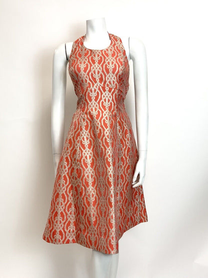 VINTAGE 60s 70s ORANGE GOLD PSYCHEDELIC TRELLIS DISCO STUDIO 54 HALTER DRESS 8