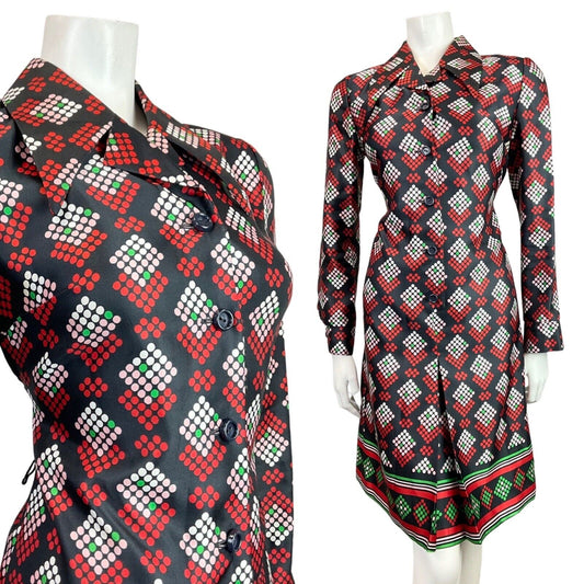 VINTAGE 60s 70s BLACK RED GREEN DOTTY GEOMETRIC DAGGER COLLAR SHIRT DRESS 12
