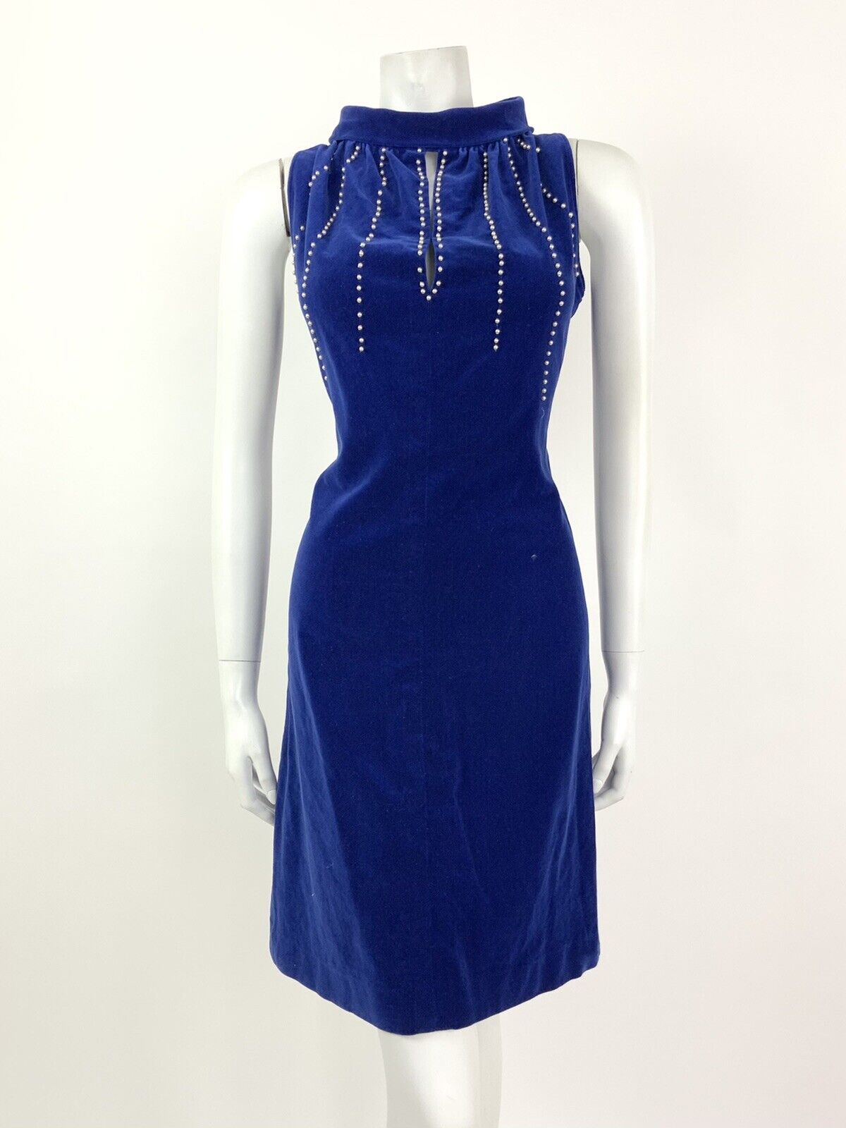 VINTAGE 60s ELECTRIC BLUE PEARL BEADED VELVET WIGGLE CUT OUT DRESS 10 12