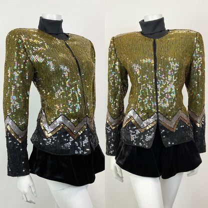 VINTAGE 70s 80s GOLD BLACK SILVER SEQUIN ZIG-ZAG DISCO PARTY TROPHY JACKET 8 10
