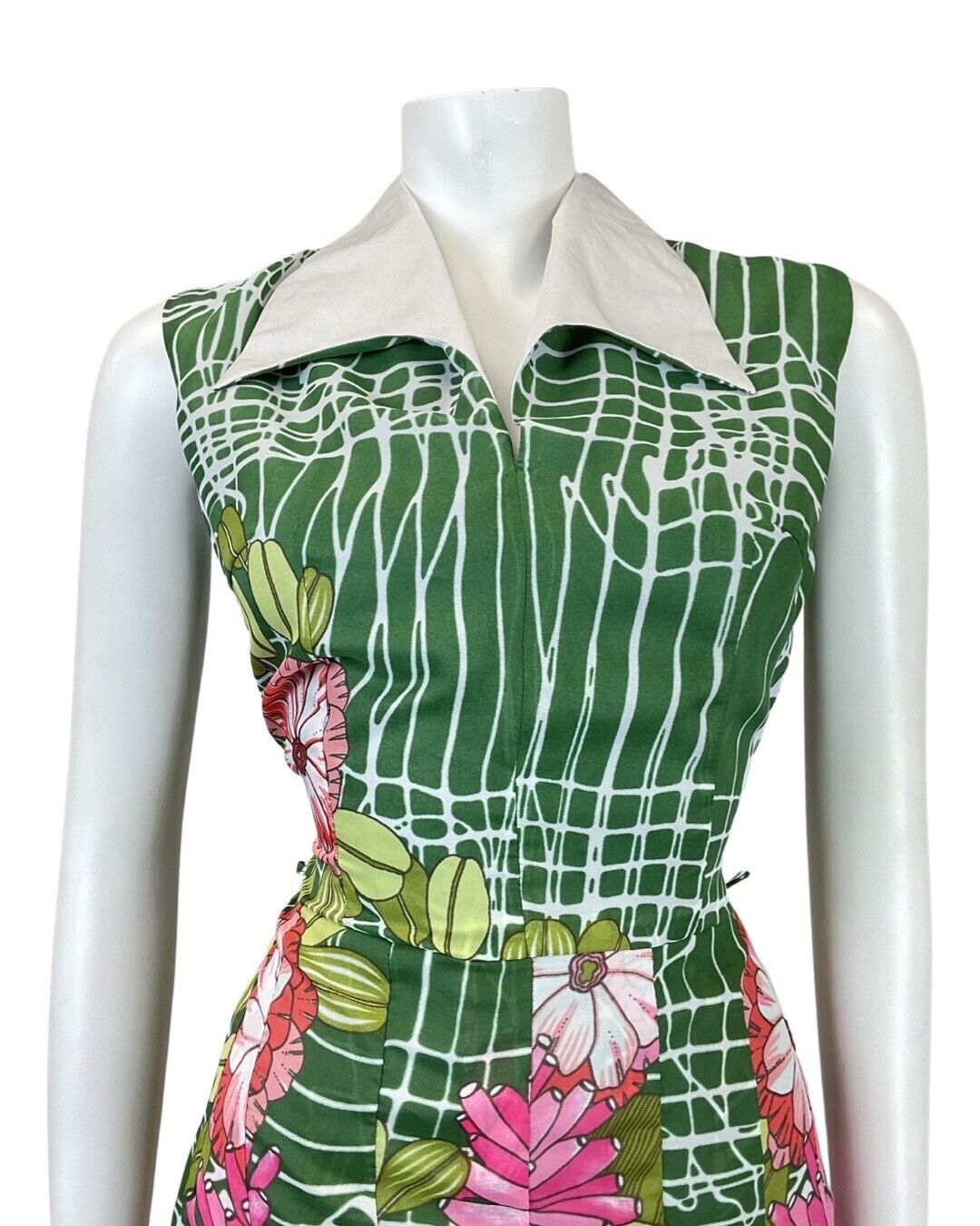 VINTAGE 70s GREEN PINK WHITE STRIPED FLORAL DAISY WING COLLAR DRESS 12