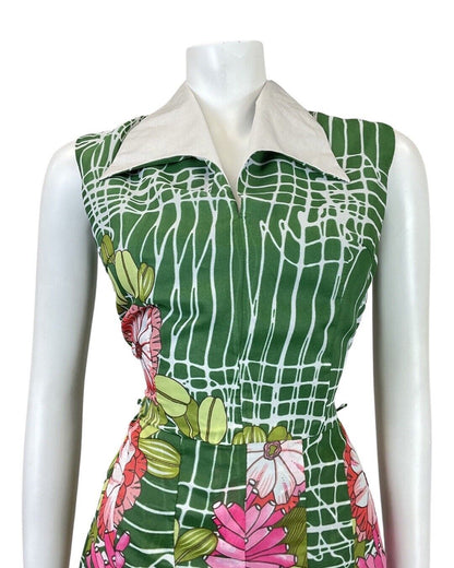 VINTAGE 70s GREEN PINK WHITE STRIPED FLORAL DAISY WING COLLAR DRESS 12