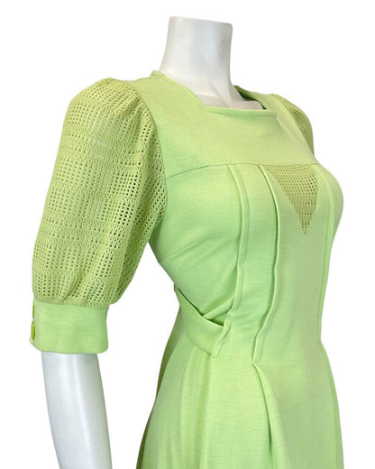 VINTAGE 60s 70s LIME GREEN CROCHETED KNITTED MOD PUFF SLEEVE SHORT DRESS 8 10