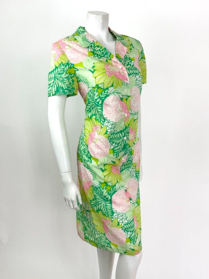 VINTAGE 60s 70s GREEN WHITE PINK FLORAL LEAFY PSYCHEDELIC SHIRT DRESS 14