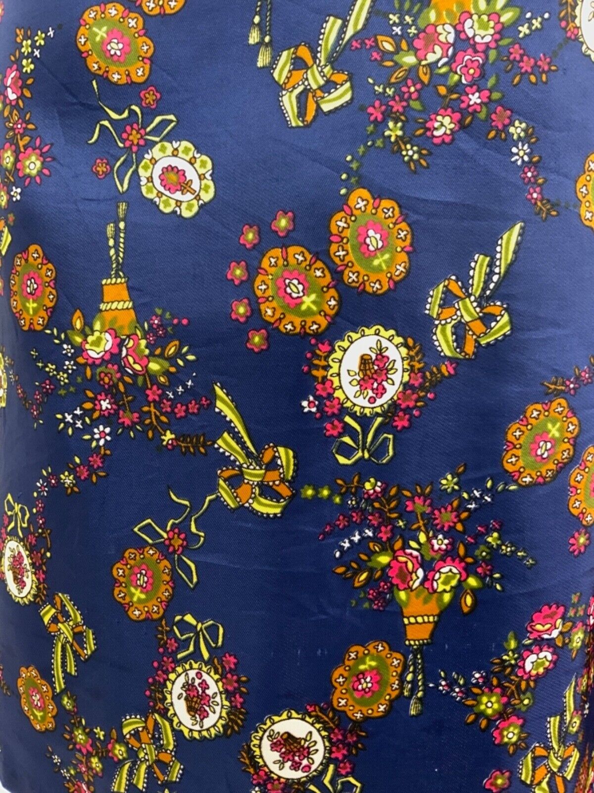 VINTAGE 60s 70s BLUE YELLOW BRONZE PINK FLORAL CAMEO BOW DAGGER SHIRT DRESS 12