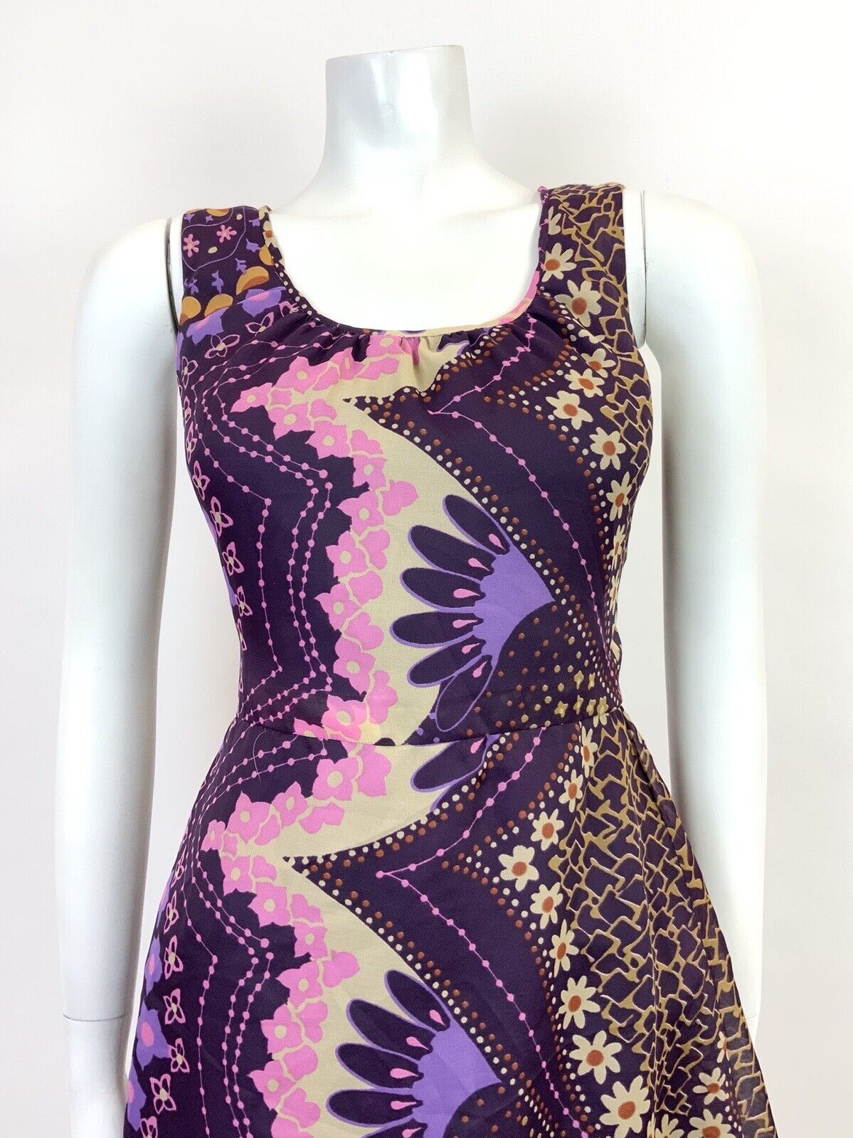 VINTAGE 60s 70s PURPLE PINK CREAM PSYCHEDELIC FLORAL SHEER MOD DRESS 10