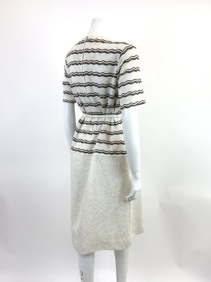 VINTAGE 60s 70s CREAM BLUE WHITE ZIG-ZAG STRIPED KNITTED DROP WAIST DRESS 14 16