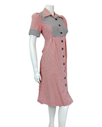 VINTAGE 60s 70s RED WHITE BLACK STRIPED BELTED MOD DAGGER MIDI SHIRT DRESS 8 10