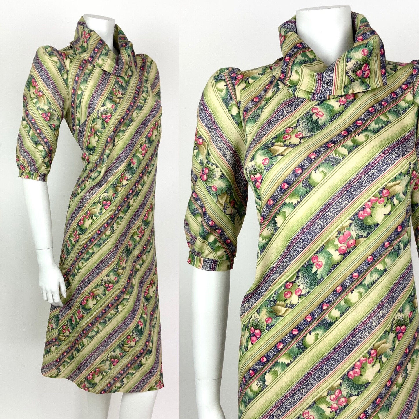 VTG 60s 70s GREEN PINK BLUE STRIPED SQUIGGLE BERRY LEAFY COWL A-LINE DRESS 10 12