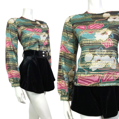 VINTAGE 60s 70s GREEN BLACK PINK GOLD PSYCHEDELIC FLORAL STRIPED SHEER TOP 12 14