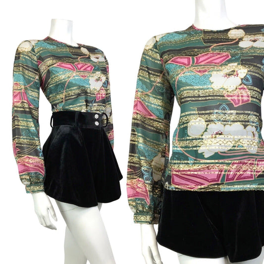 VINTAGE 60s 70s GREEN BLACK PINK GOLD PSYCHEDELIC FLORAL STRIPED SHEER TOP 12 14