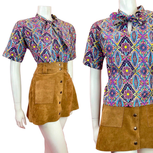 VTG 60s 70s PURPLE BLUE YELLOW PINK PSYCHEDELIC FLORAL PUSSYBOW BLOUSE TOP 16 18