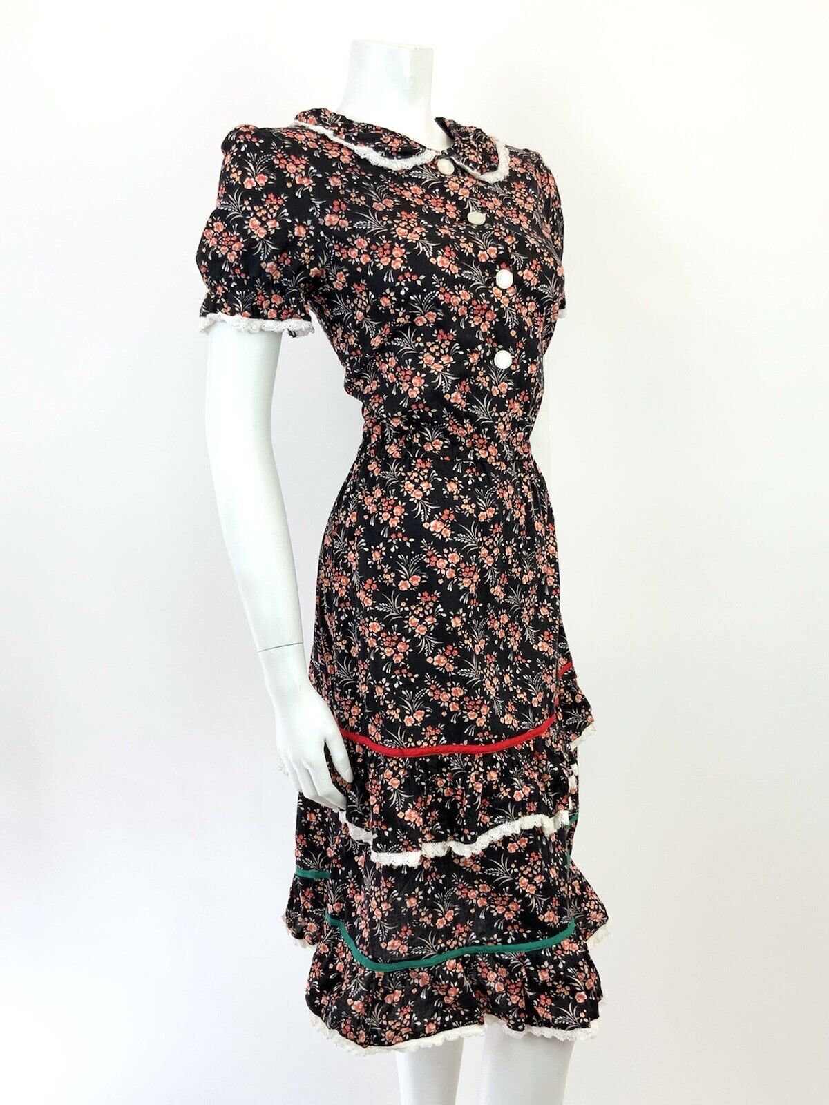VINTAGE 60s 70s BLACK WHITE RED PEACH FLORAL DITSY PRAIRIE BOHO DRESS 8 10