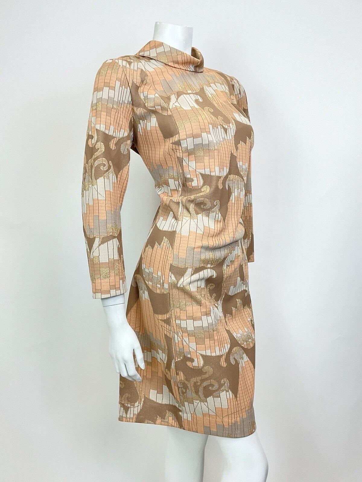 VTG 60s 70s ORANGE BROWN GOLD PSYCHEDELIC SWIRL STRIPED TURTLENECK DRESS 12 14
