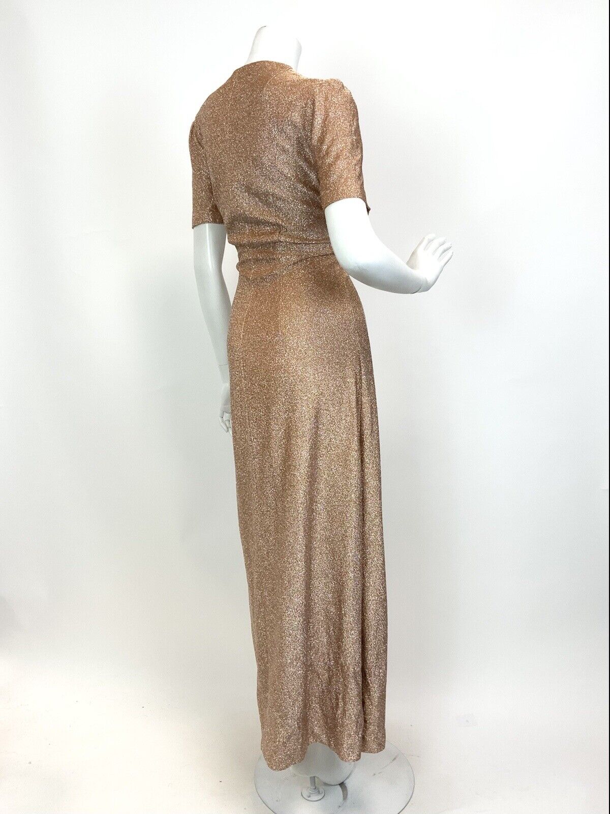 VTG 60s 70s PEACH COPPER METALLIC LUREX GLAM STUDIO 54 PARTY MAXI DRESS 12