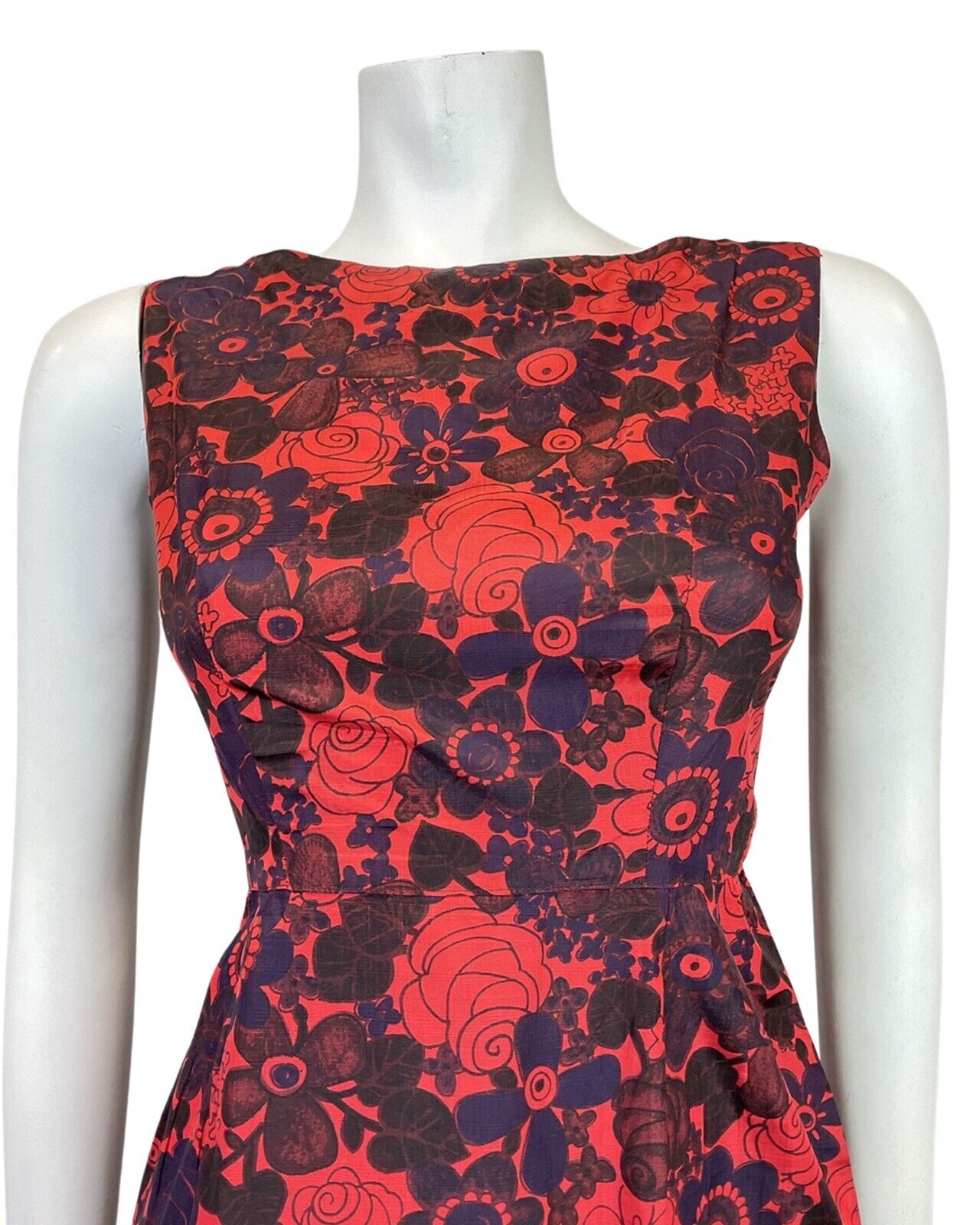 VINTAGE 60s RED PURPLE BROWN FLORAL SLEEVELESS WIGGLE PENCIL DRESS 6