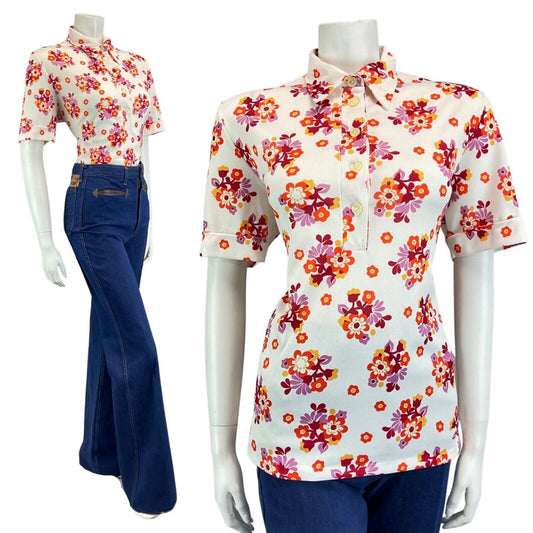 VINTAGE 60s 70s WHITE RED PURPLE DAISY FLORAL MOD SHORT SLEEVE SHIRT 16 18