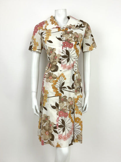 VINTAGE 60s 70s WHITE BROWN YELLOW PINK FLORAL CLOVER COLLAR DRESS 12 14