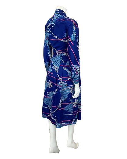 VINTAGE 60s 90s ROYAL BLUE PINK STRIPED GEOMETRIC MOD DAGGER SHIRT DRESS 8