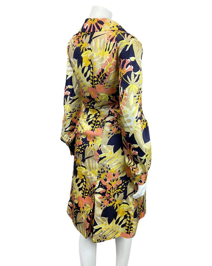 VINTAGE 60s 70s YELLOW BLUE BEIGE PSYCHEDELIC FLORAL PALM LEAF SHIRT DRESS 16
