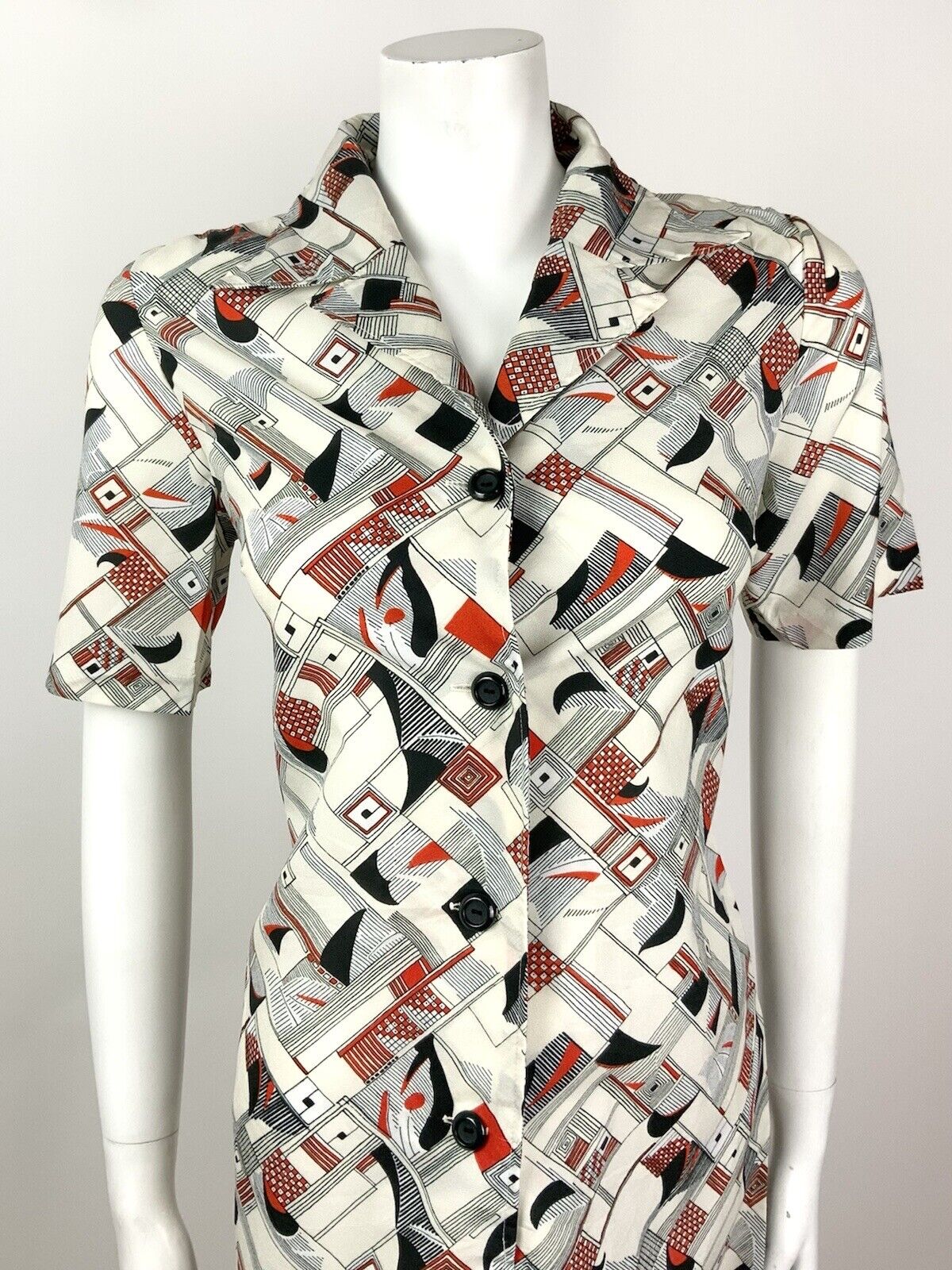 VINTAGE 60s 70s WHITE BLACK RED STRIPE GEOMETRIC CHECKED MOD SHIRT DRESS 12