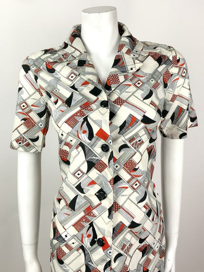 VINTAGE 60s 70s WHITE BLACK RED STRIPE GEOMETRIC CHECKED MOD SHIRT DRESS 12