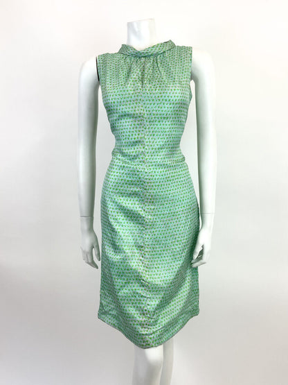 VINTAGE 60s 70s BLUE GREEN PINK GEOMETRIC SLEEVELESS MOD SHIFT DRESS 12