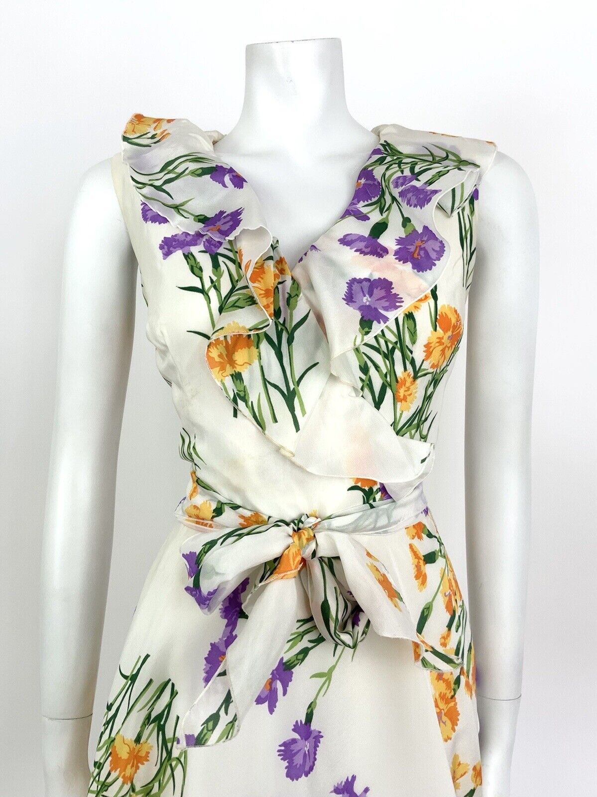 VINTAGE 60s 70s WHITE ORANGE PURPLE GREEN FLORAL FLOATY RUFFLE SHEER DRESS 10 12