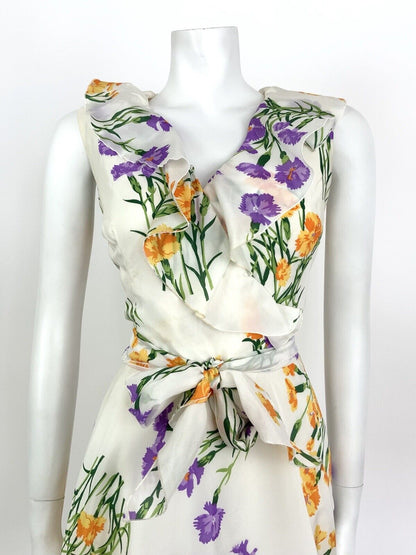 VINTAGE 60s 70s WHITE ORANGE PURPLE GREEN FLORAL FLOATY RUFFLE SHEER DRESS 10 12