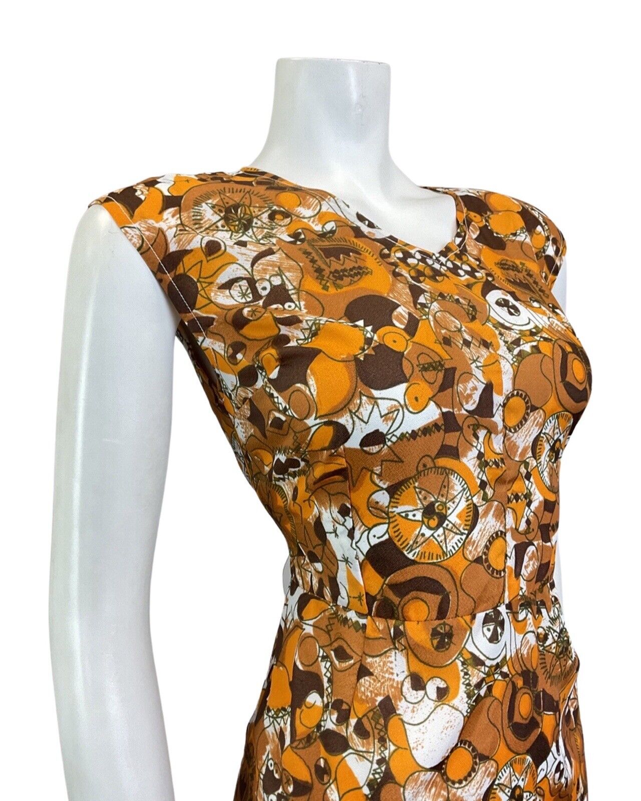 VINTAGE 60s 70s ORANGE BROWN WHITE PSYCHEDELIC ABSTRACT SLEEVELESS DRESS 10 12