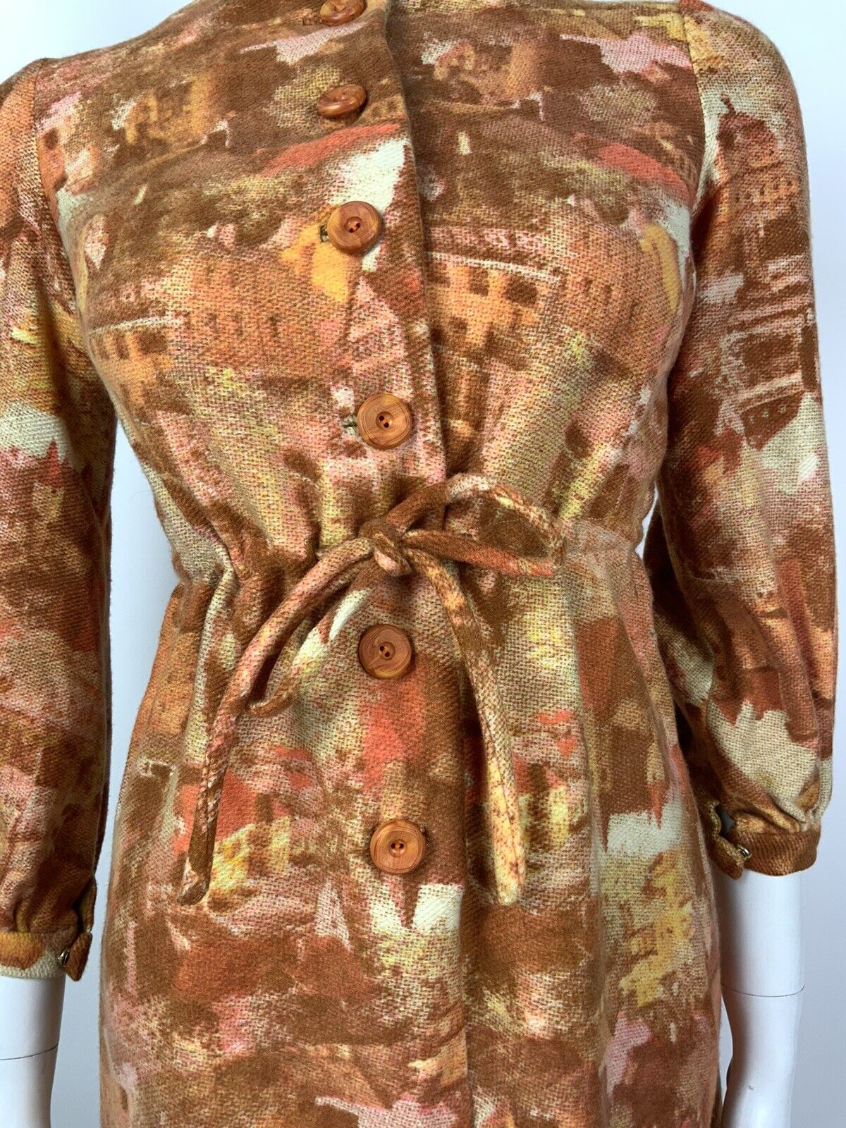 VINTAGE 60s 70s ORANGE YELLOW BROWN PINK VILLAGE CHURCH TREE WOOL DRESS 6 8