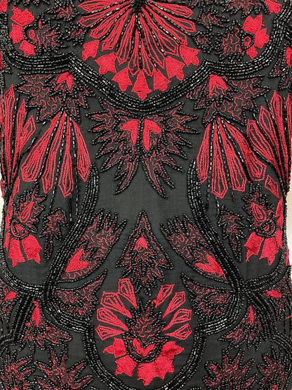 VTG 70s 80s BLACK RED FLORAL EMBROIDERED BEADED SEQUIN PARTY BLOUSE TOP 24 26