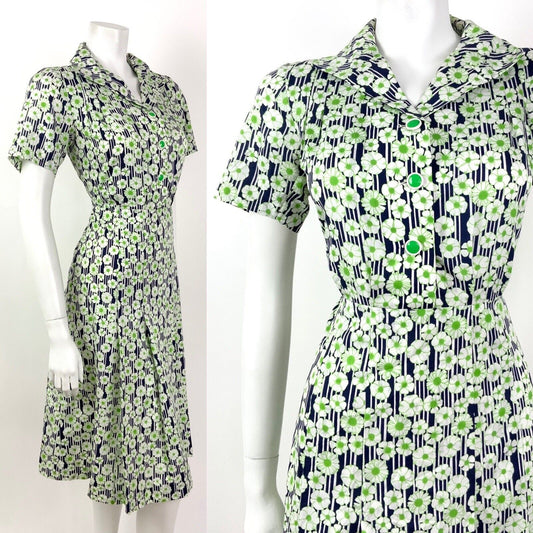 VINTAGE 60s 70s GREEN BLUE WHITE STRIPED FLORAL DAISY MOD SHIRT DRESS 12 14