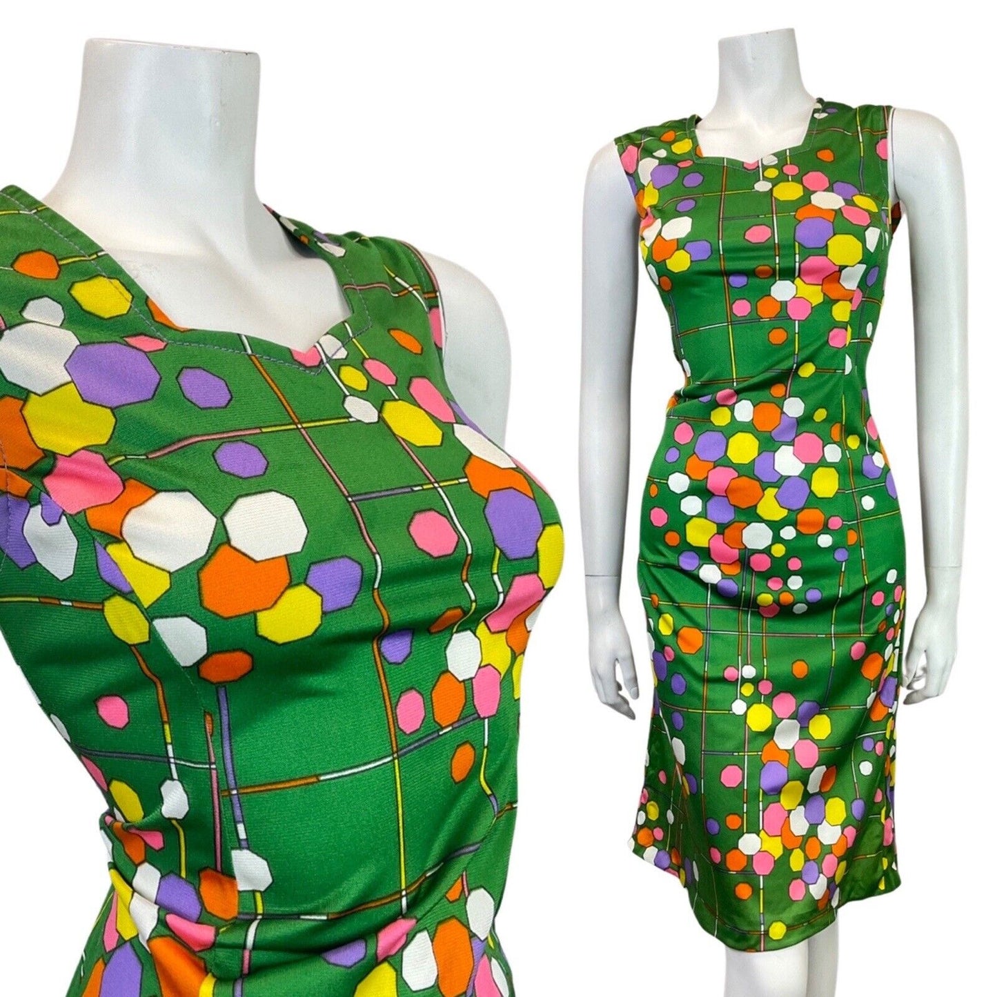 VINTAGE 60s 70s GREEN YELLOW PURPLE GEOMETRIC SLEEVELESS SUMMER DRESS 10